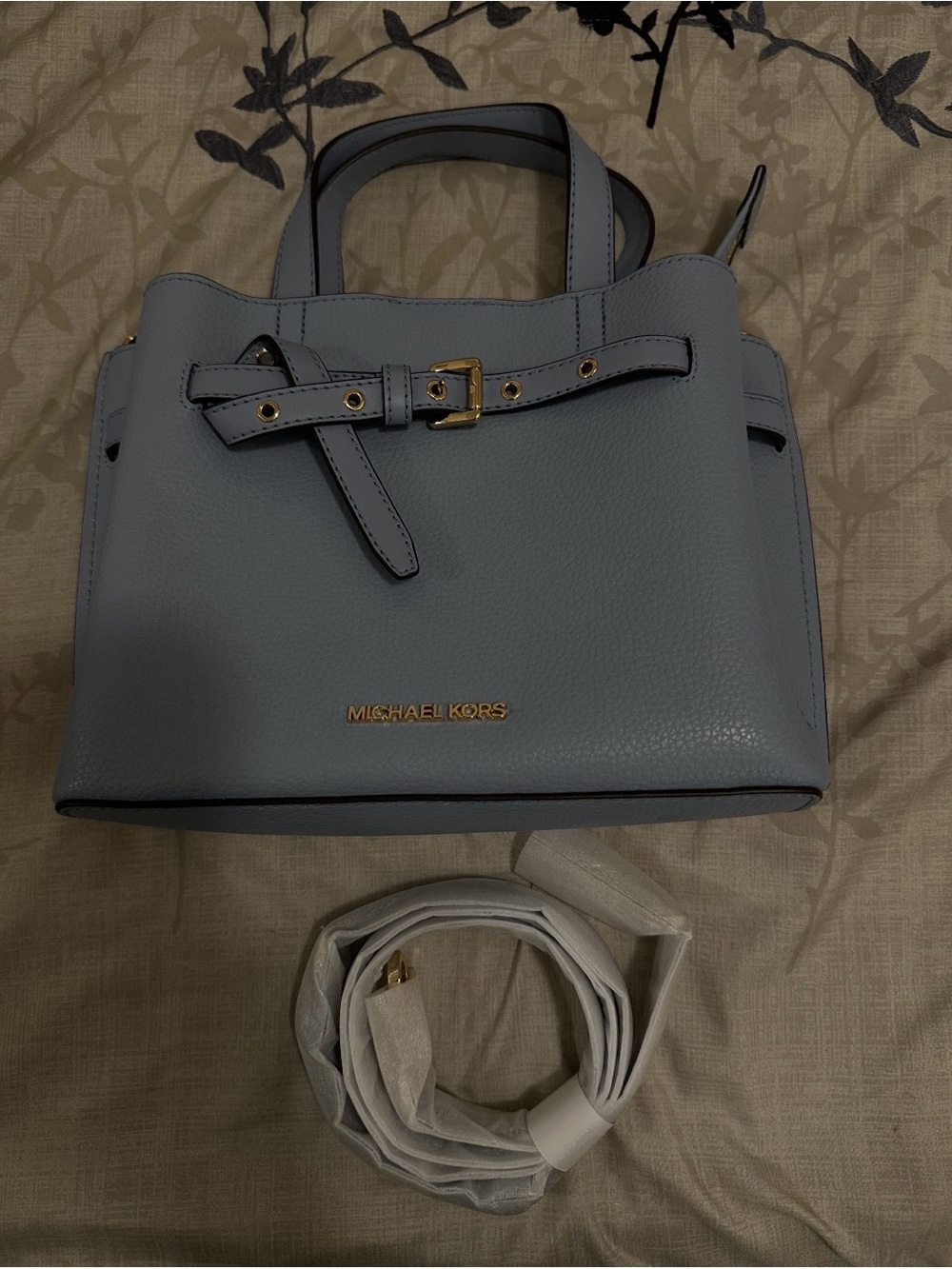 Michael Kors Light Blue Pebbled Leather Satchel with Gold Hardware